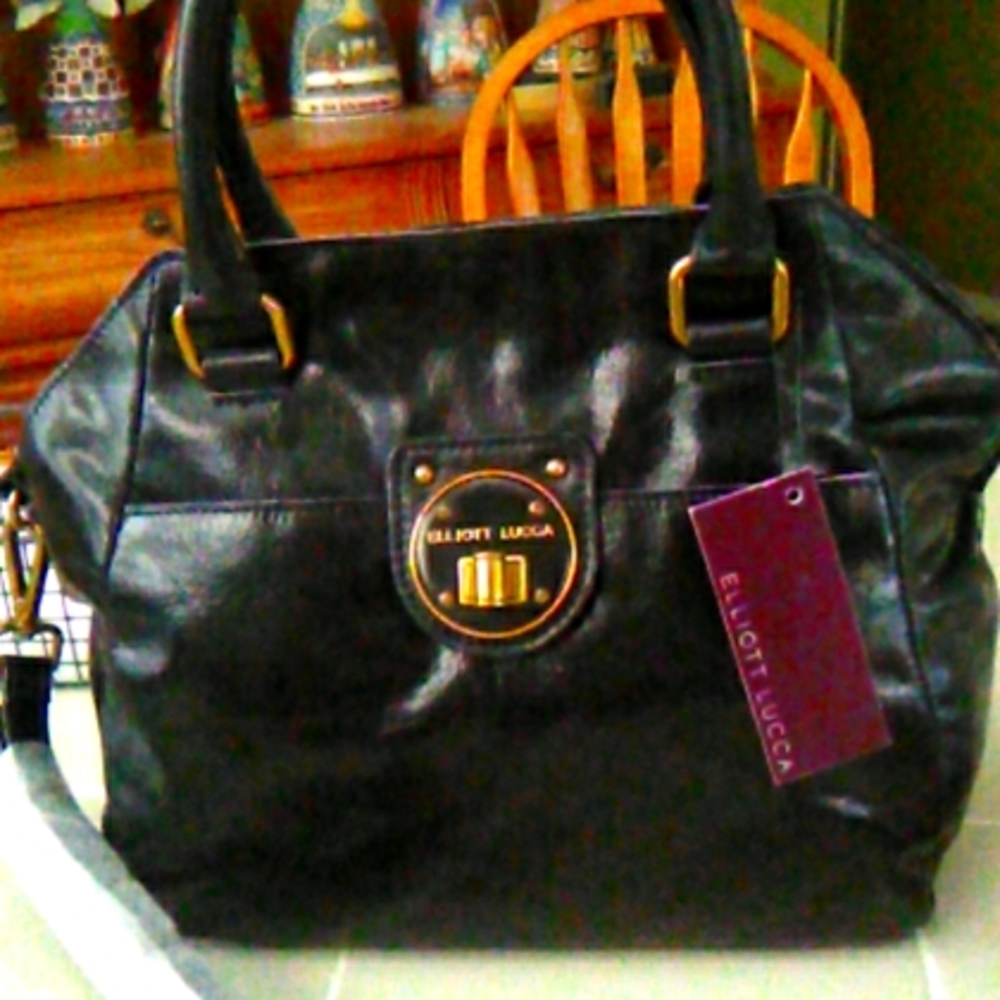 ELLIOTT LUCCA  Black Leather Satchel Gold